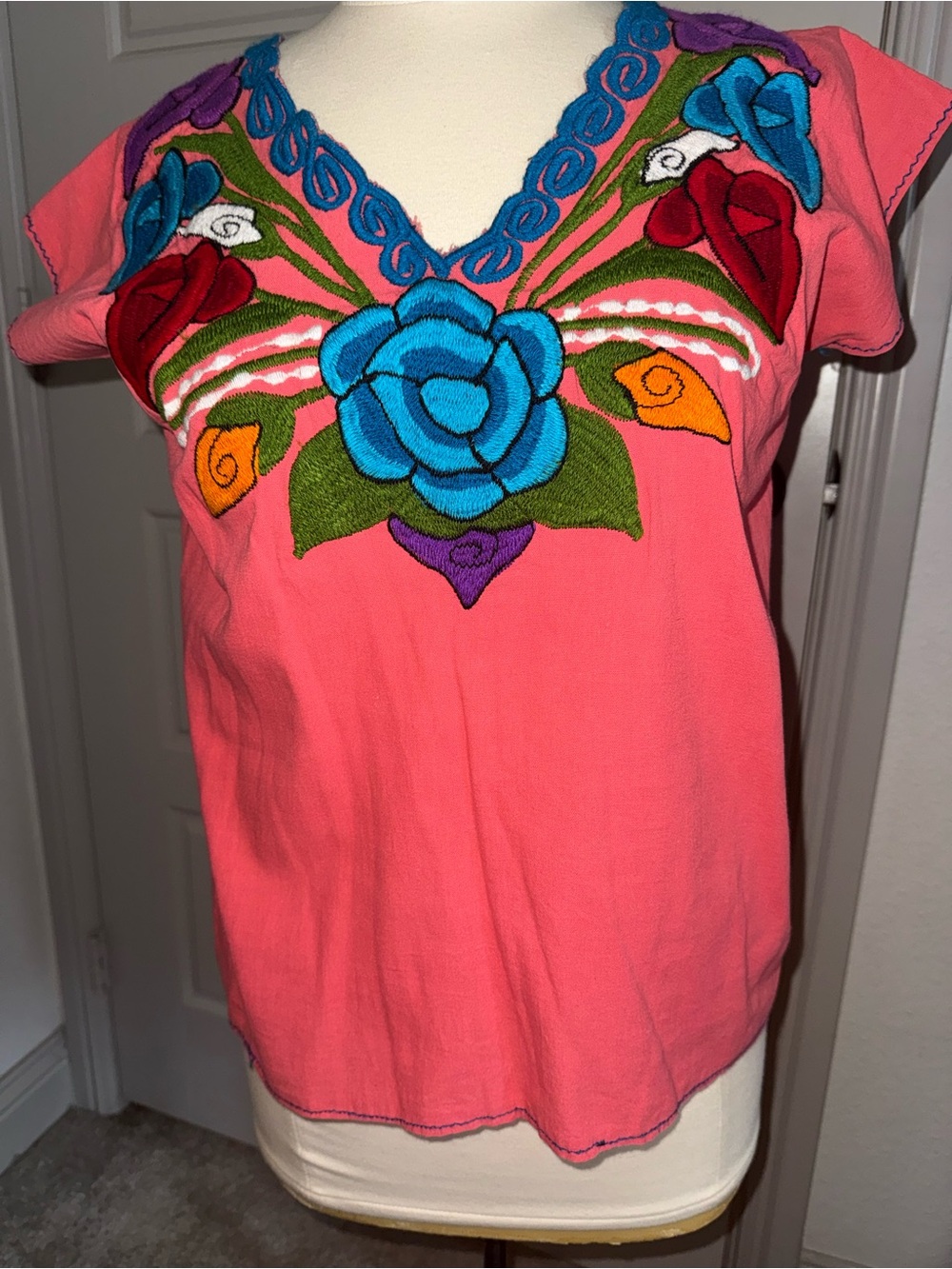 Handmade Embroidered, Huipil Top- coral - Picture 2 of 6